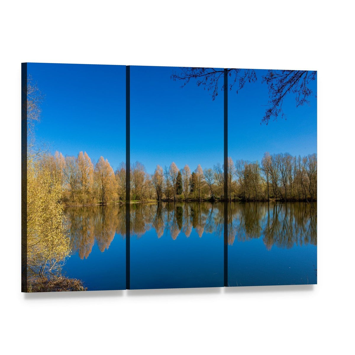 Barnwell Country Park Lake Reflection Canvas Wall Art, 3 panel 3 Horizontal layout gallery wrapped canvas set, angled product view