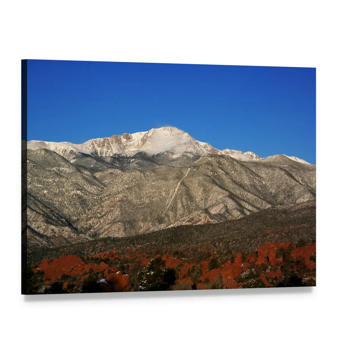 Snow-capped Mountain Over Red Rock Foothills Canvas Wall Art, single panel gallery wrapped canvas, angled product view