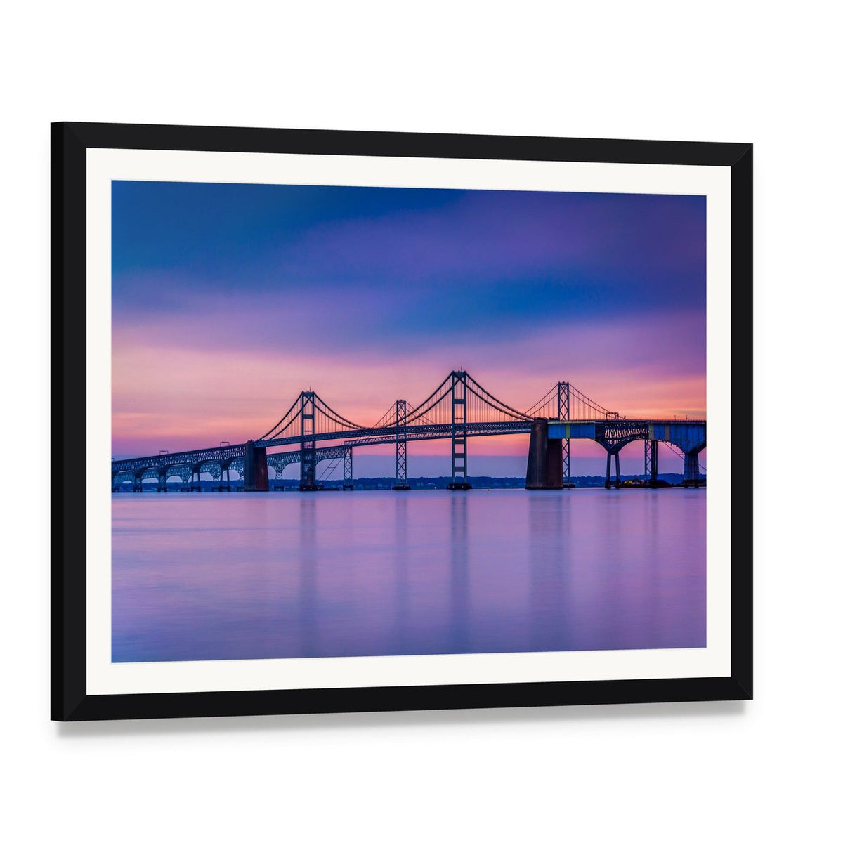 Chesapeake Bay Bridge at Twilight Canvas Wall Art, framed print with white mat and black frame, angled product view