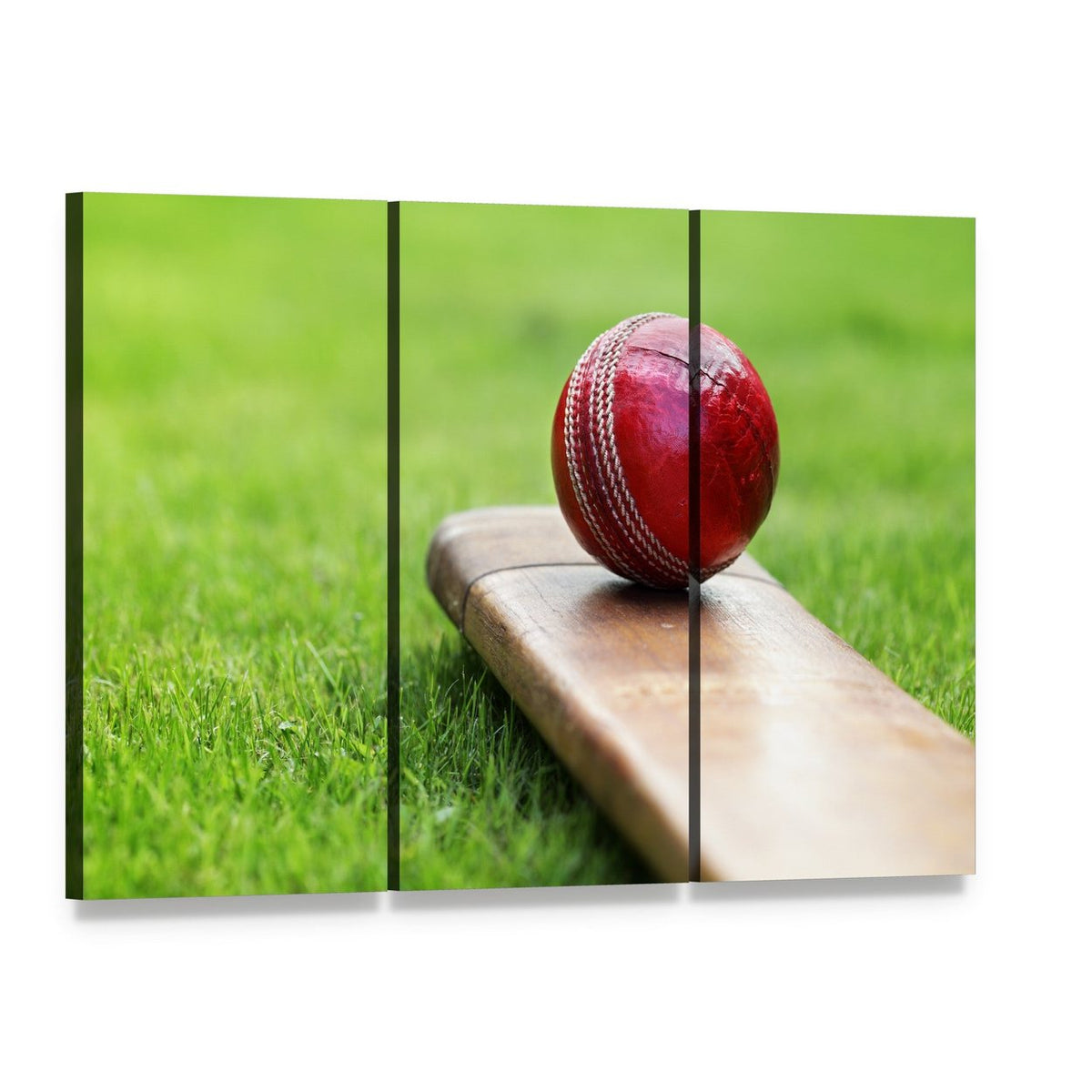 Cricket Ball on Bat Canvas Wall Art, 3 panel 3 Horizontal layout gallery wrapped canvas set, angled product view