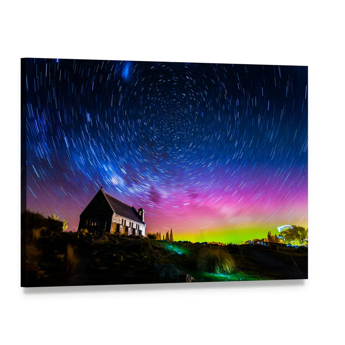 Church Under Star Trails and Aurora Canvas Wall Art, single panel gallery wrapped canvas, angled product view