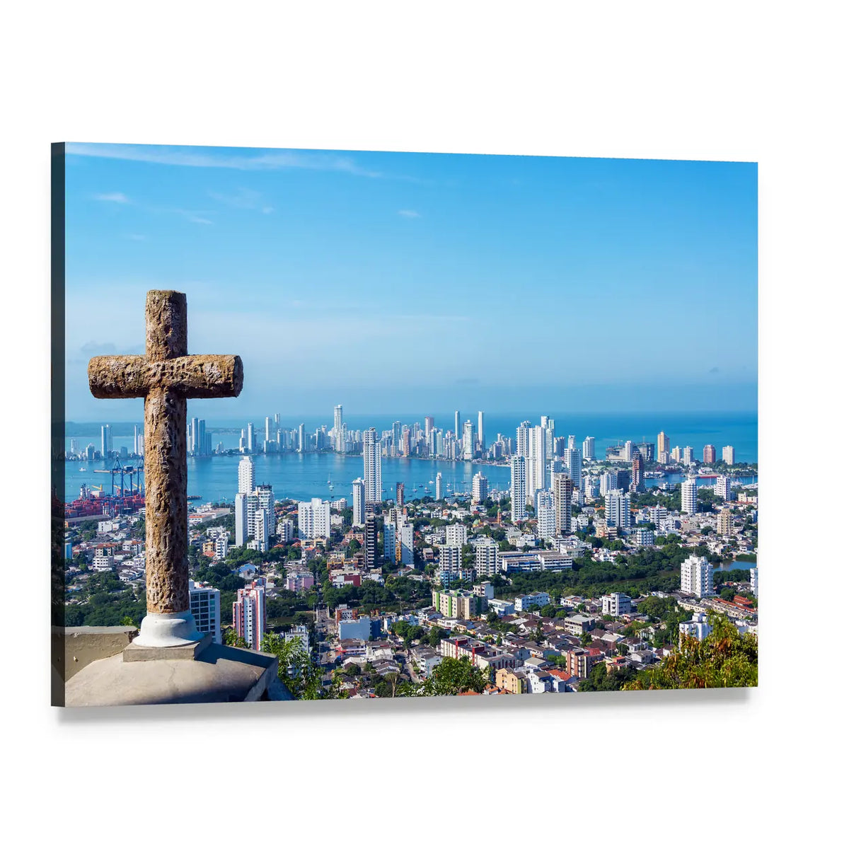 Stone Cross Over Modern Coastal Skyline Canvas Wall Art, single panel gallery wrapped canvas, angled product view
