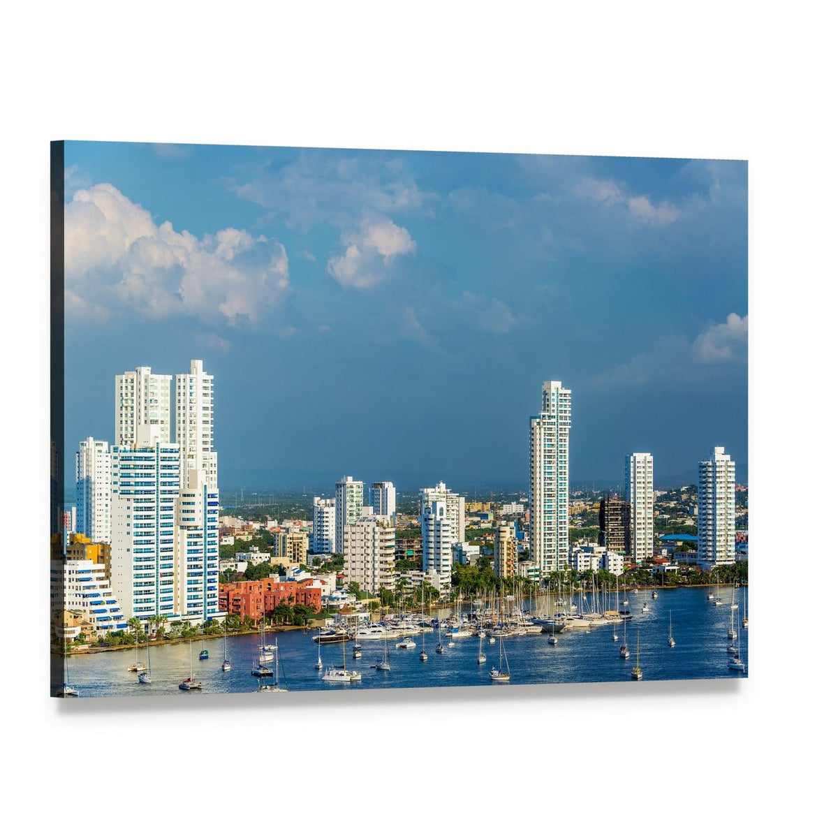 Marina with Tall White Buildings Canvas Wall Art, single panel gallery wrapped canvas, angled product view