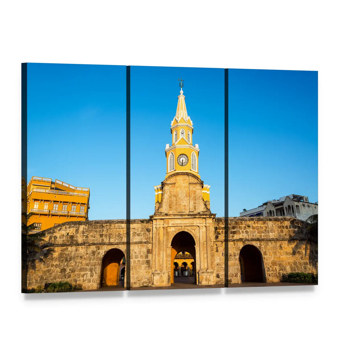 Historic Clock Tower Gate Canvas Wall Art, 3 panel 3 Horizontal layout gallery wrapped canvas set, angled product view