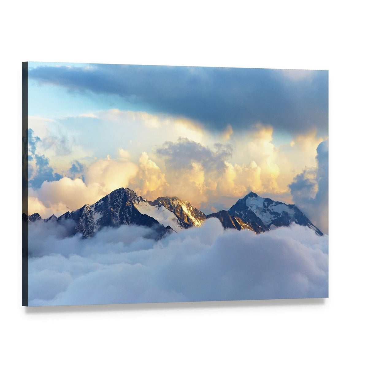 Snow-capped Mountain Peaks and Clouds Canvas Wall Art, single panel gallery wrapped canvas, angled product view