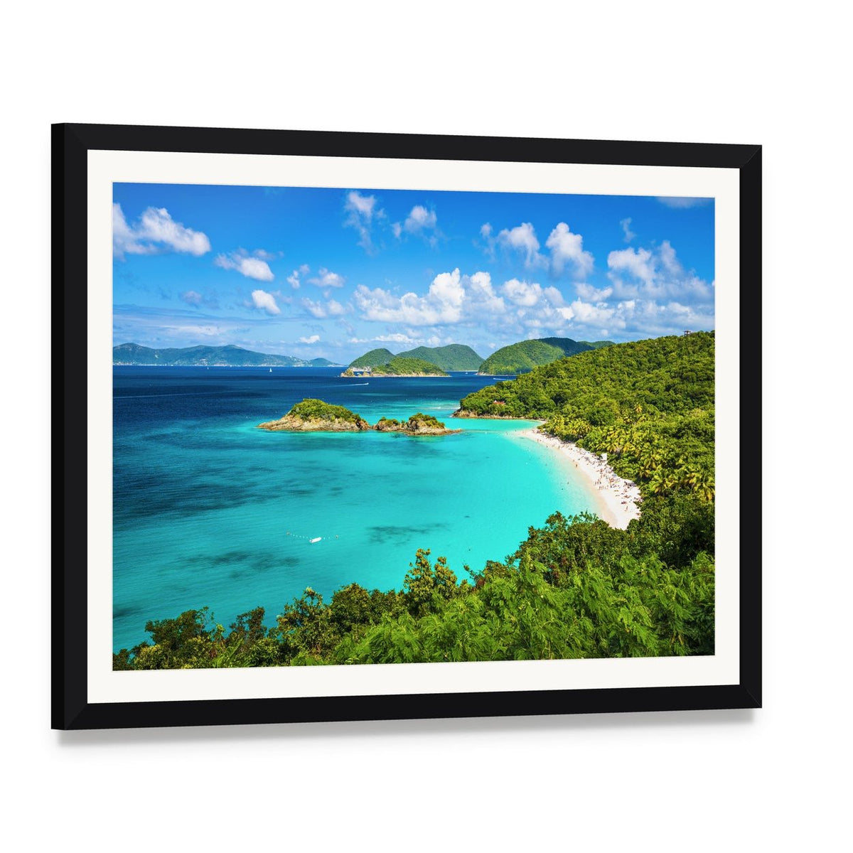 View of Trunk Bay Canvas Wall Art, framed print with white mat and black frame, angled product view