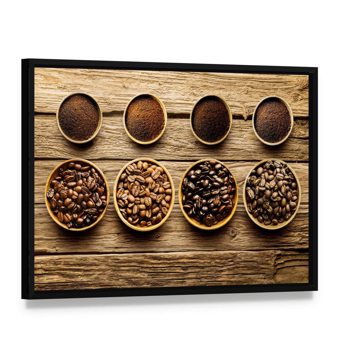 Coffee Beans and Ground Coffee Canvas Wall Art, framed canvas in a black floater frame, angled product view