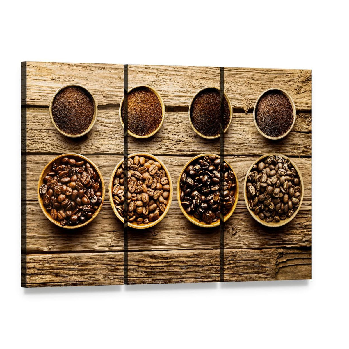 Coffee Beans and Ground Coffee Canvas Wall Art, 3 panel 3 Horizontal layout gallery wrapped canvas set, angled product view