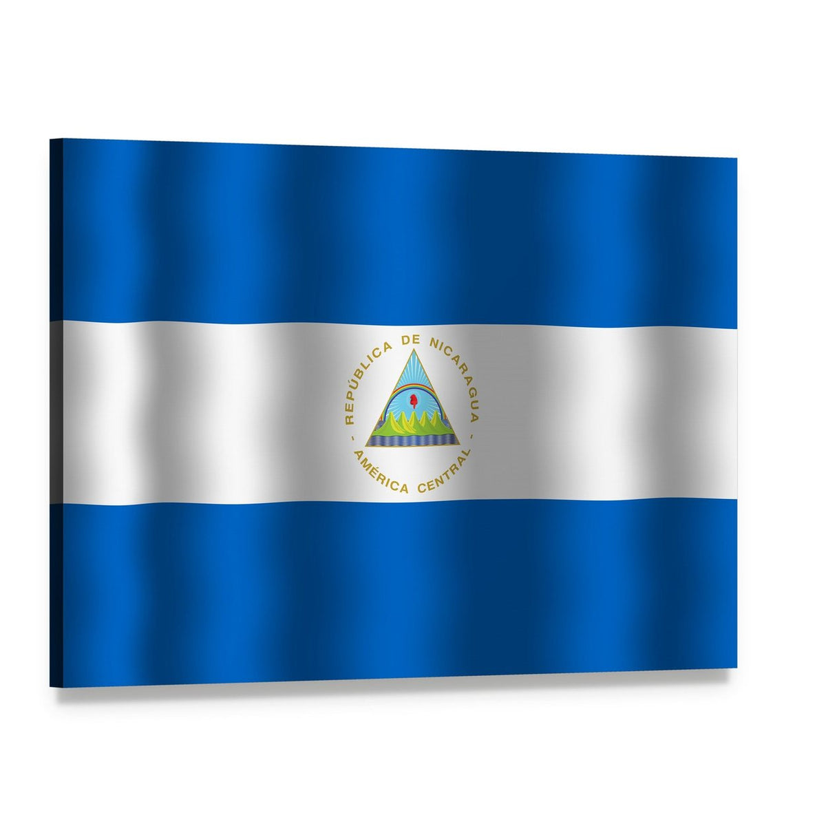 Nicaraguan Flag with Coat of Arms Canvas Wall Art, single panel gallery wrapped canvas, angled product view
