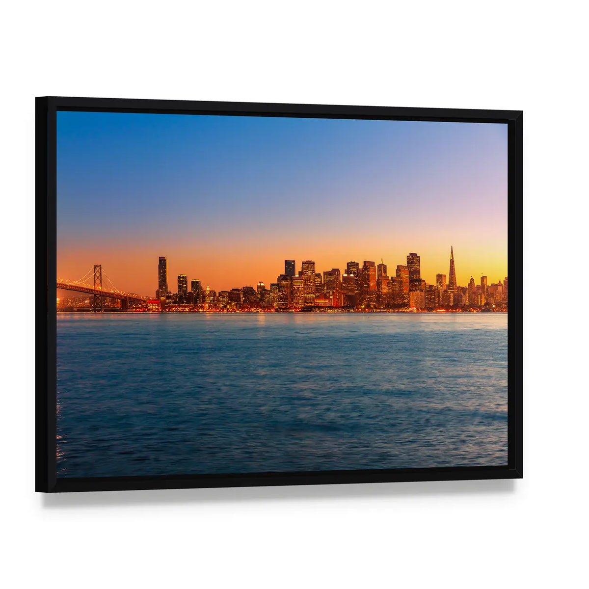San Francisco Sunset Skyline Canvas Wall Art, framed canvas in a black floater frame, angled product view