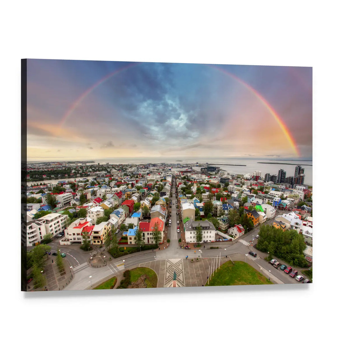 Aerial Cityscape with Rainbow Over Harbor Canvas Wall Art, single panel gallery wrapped canvas, angled product view