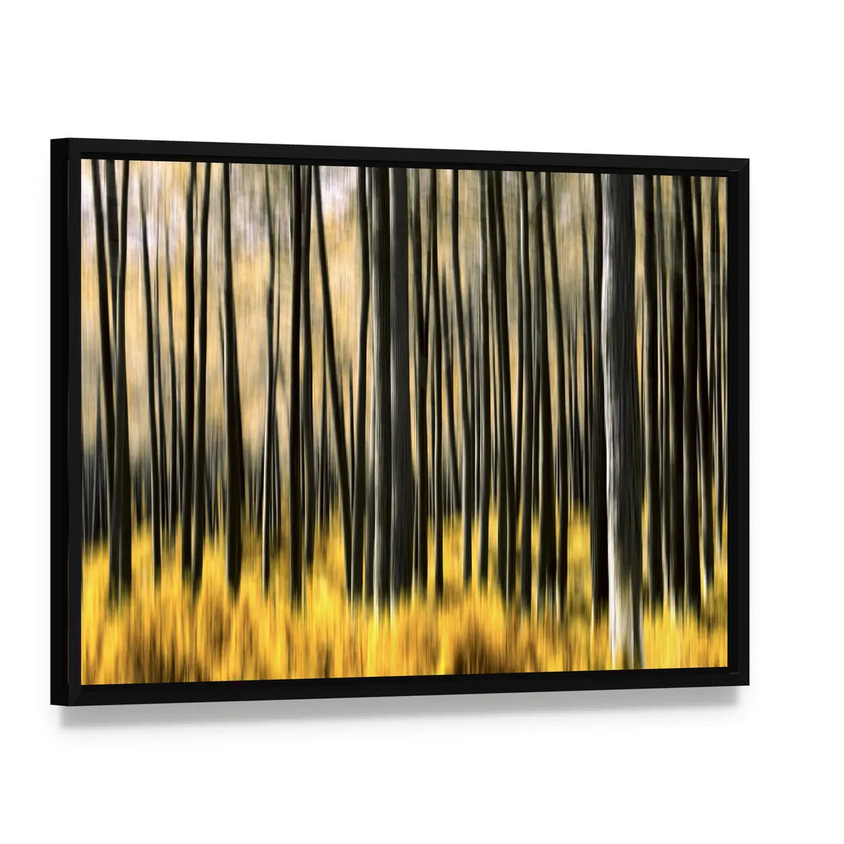 Motion Blur Forest Canvas Wall Art, framed canvas in a black floater frame, angled product view