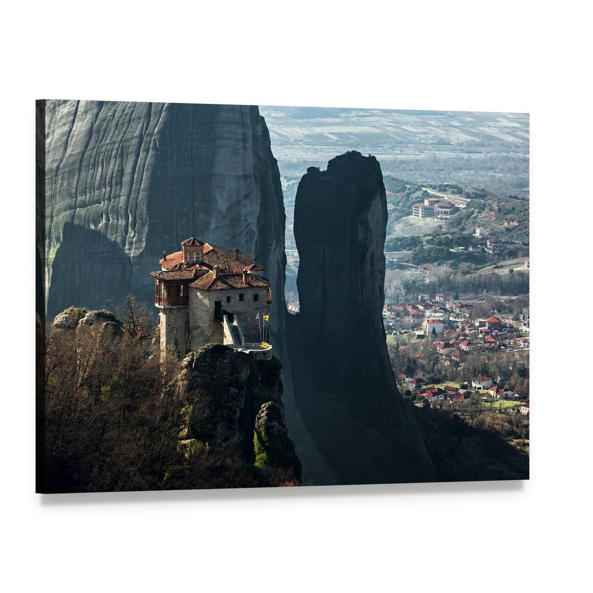 Monastery on Rock Pinnacle Canvas Wall Art, single panel gallery wrapped canvas, angled product view