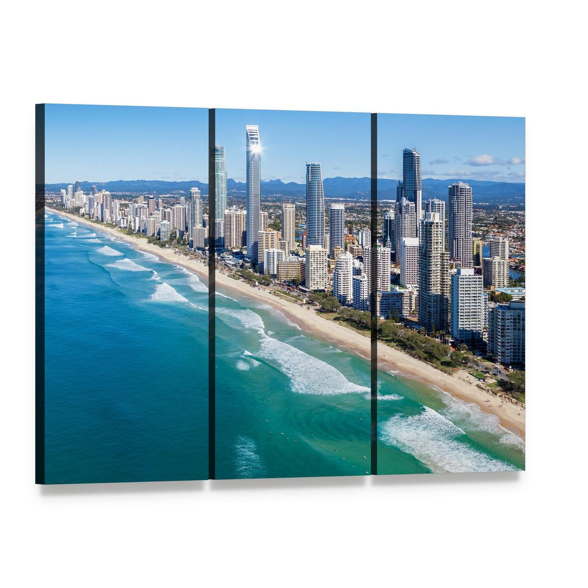 Gold Coast City Skyline and Beach Canvas Wall Art, 3 panel 3 Horizontal layout gallery wrapped canvas set, angled product view