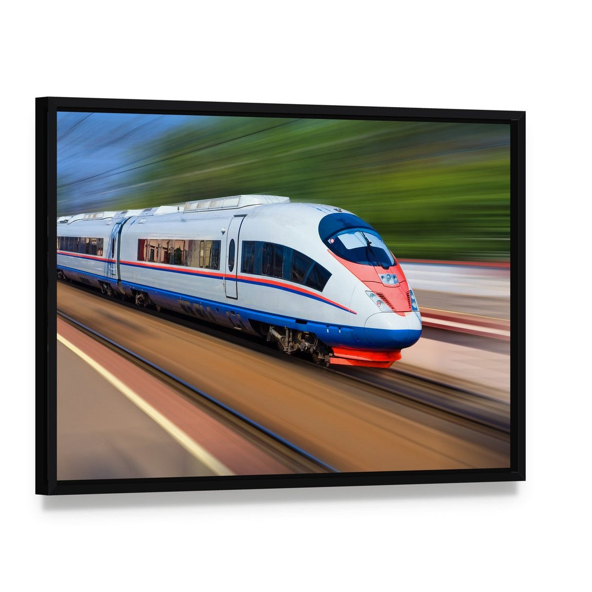 High Speed Train Canvas Wall Art, framed canvas in a black floater frame, angled product view
