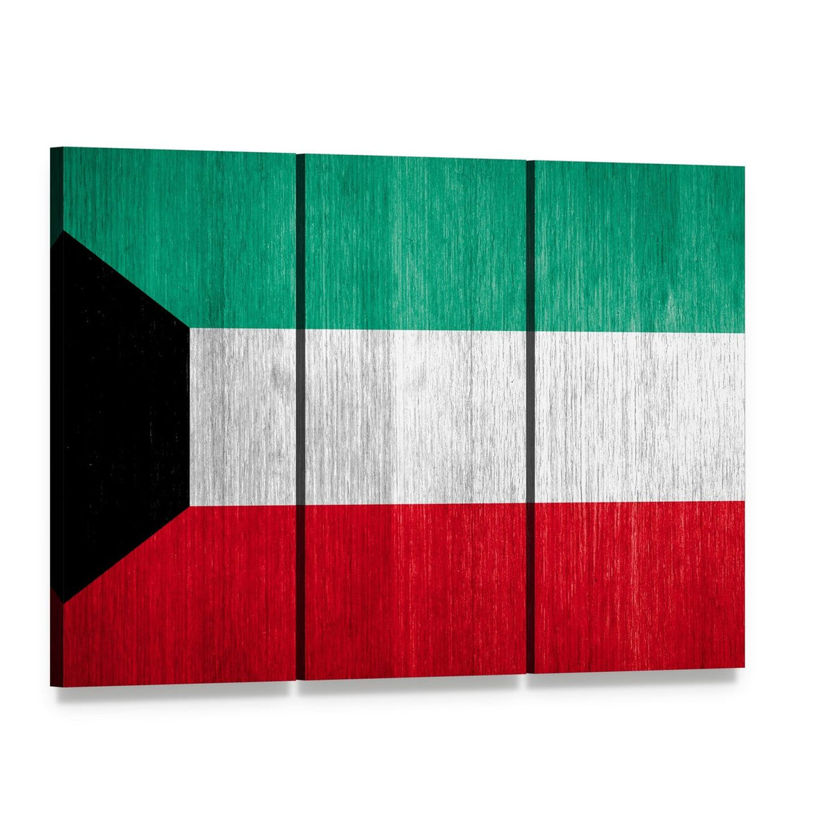 Modern Geometric Kuwait Flag Canvas Wall Art, 3 panel 3 Horizontal layout gallery wrapped canvas set, angled product view