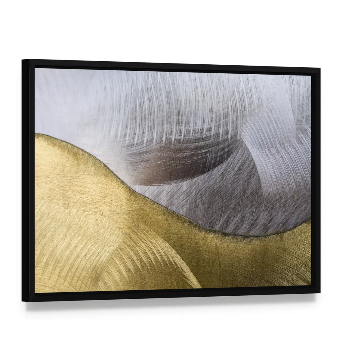 Gold and Silver Abstract Waves Canvas Wall Art, framed canvas in a black floater frame, angled product view