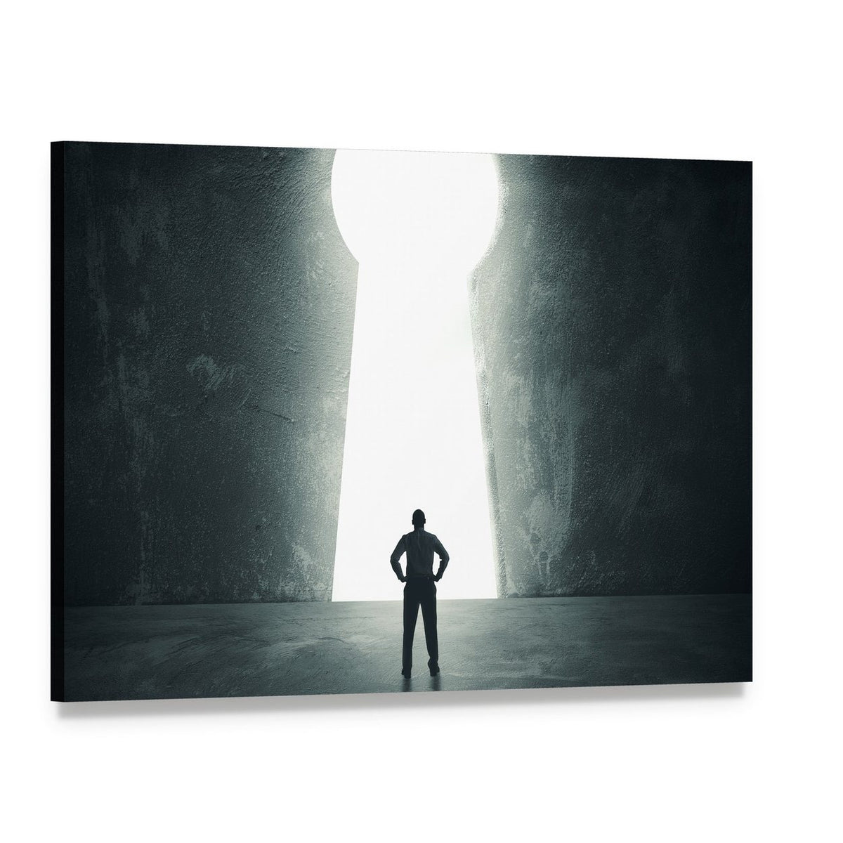 Silhouette Facing Glowing Keyhole Canvas Wall Art, single panel gallery wrapped canvas, angled product view