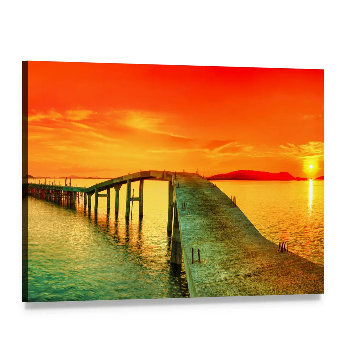 Sunset Over the Sea Pier Canvas Wall Art, single panel gallery wrapped canvas, angled product view