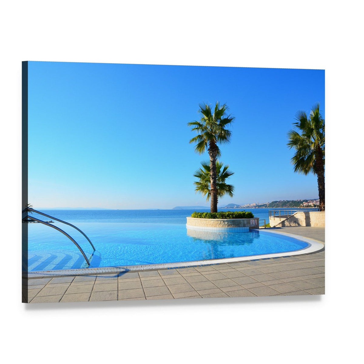 Infinity Pool with Palm Trees Canvas Wall Art, single panel gallery wrapped canvas, angled product view