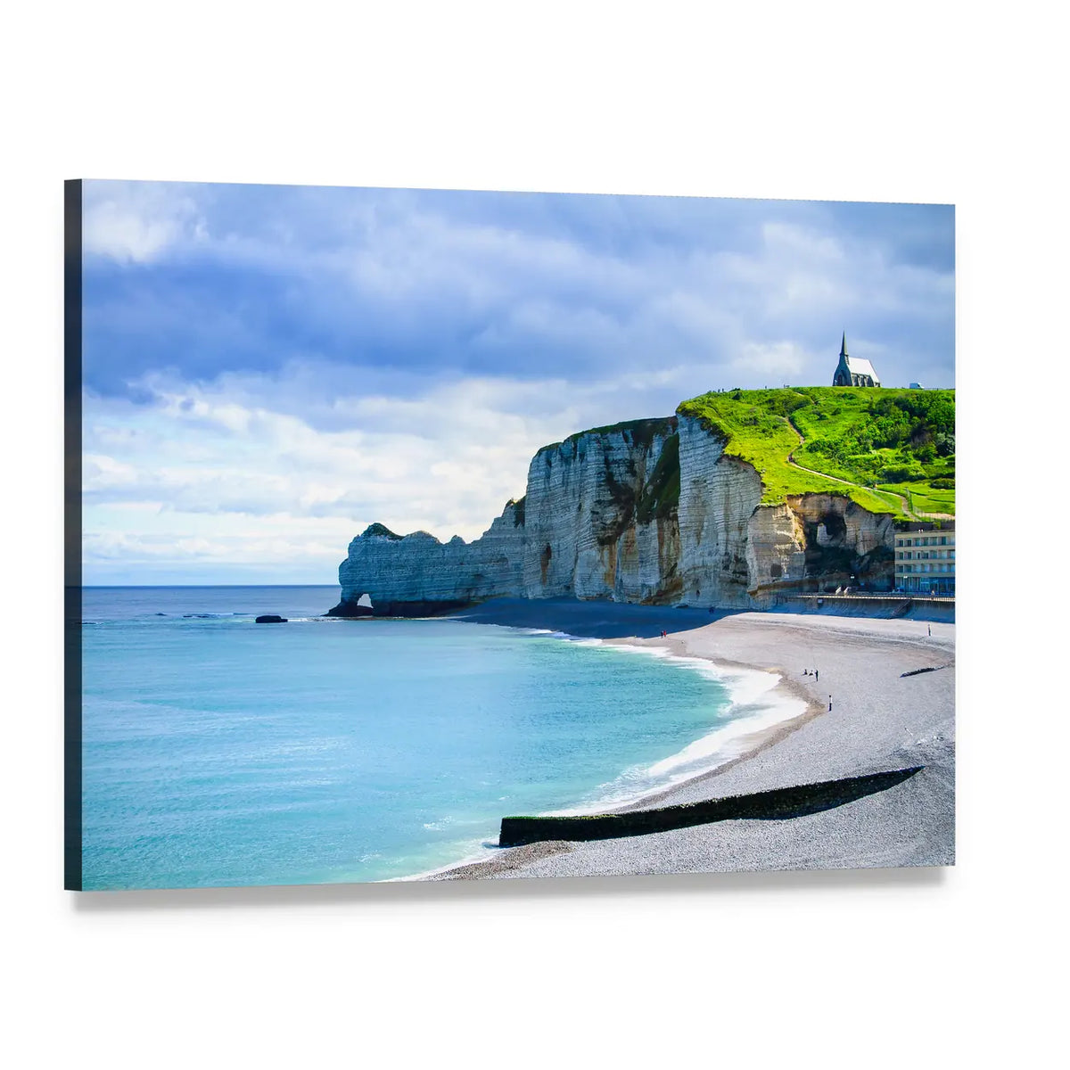 Etretat Cliffs with Hilltop Chapel Canvas Wall Art, single panel gallery wrapped canvas, angled product view