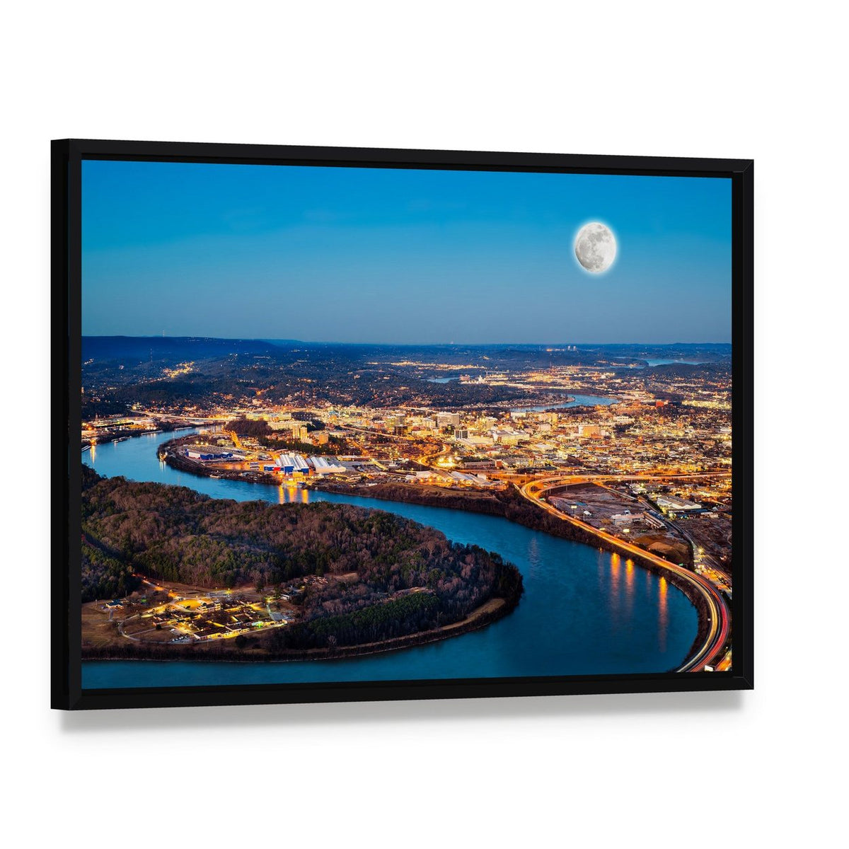 Chattanooga Downtown at Night Canvas Wall Art, framed canvas in a black floater frame, angled product view
