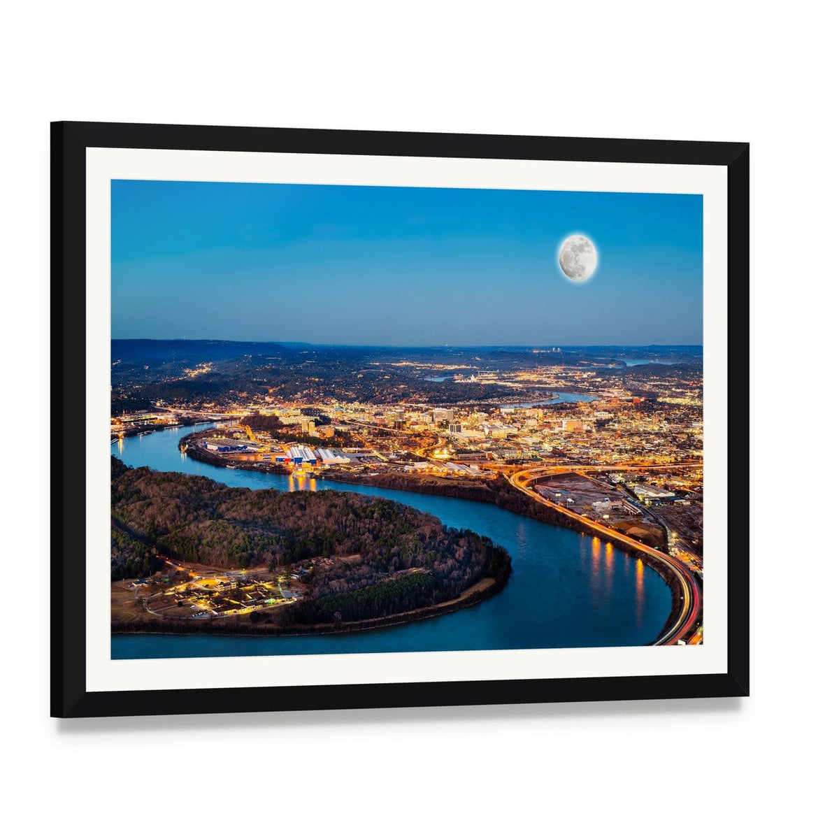 Chattanooga Downtown at Night Canvas Wall Art, framed print with white mat and black frame, angled product view