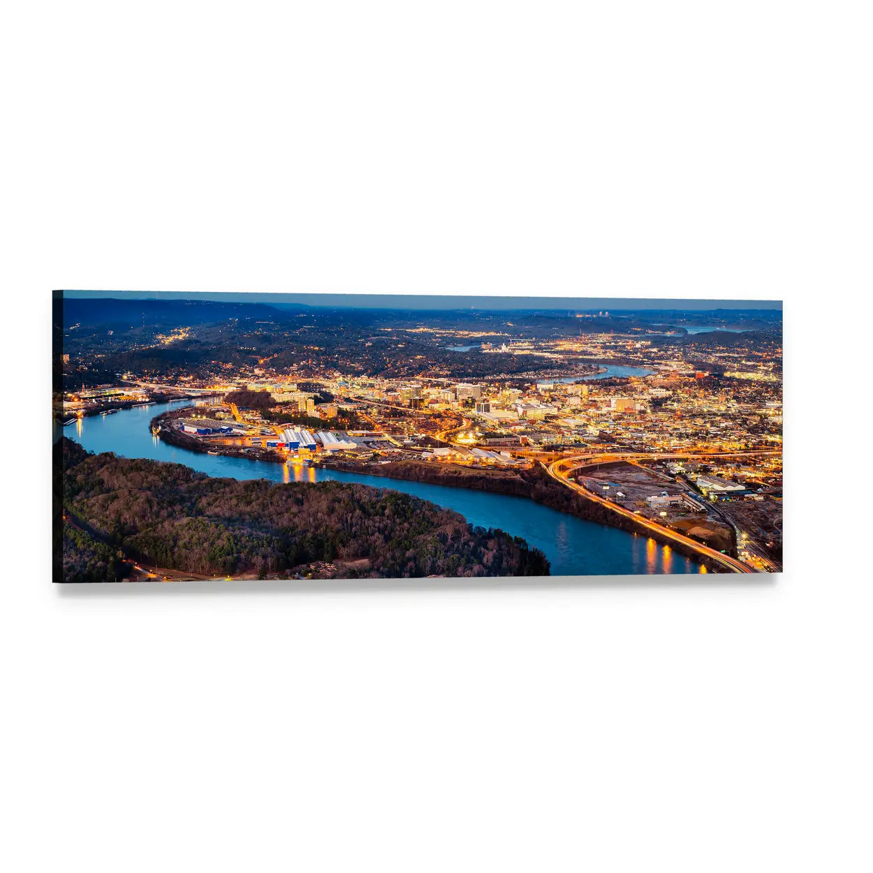 Chattanooga Downtown at Night Panoramic Canvas Wall Art, single panel gallery wrapped canvas, angled product view
