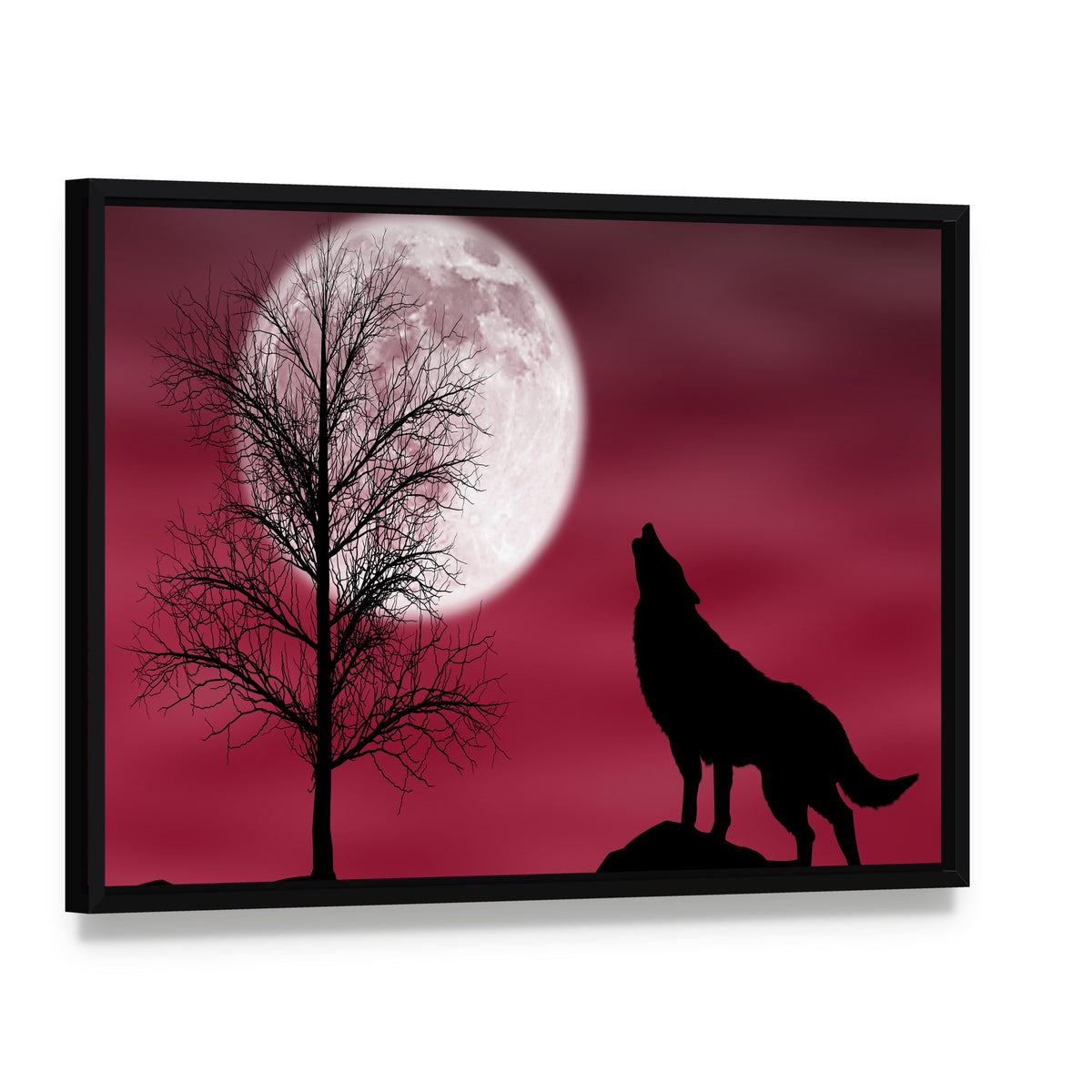 Howling Wolf at Full Moon Canvas Wall Art, framed canvas in a black floater frame, angled product view