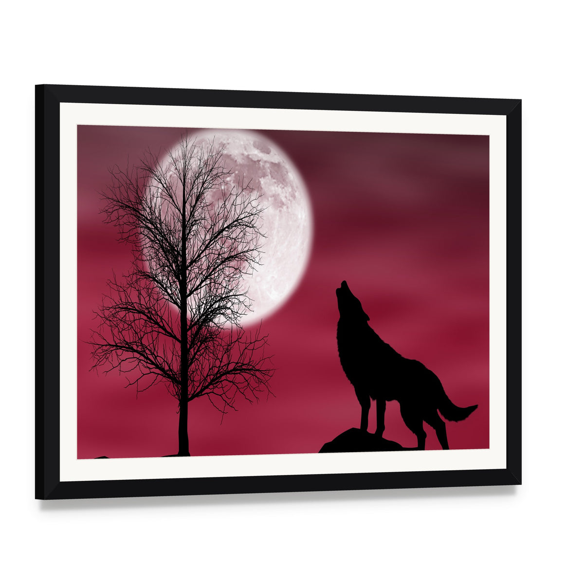 Howling Wolf at Full Moon Canvas Wall Art, framed print with white mat and black frame, angled product view