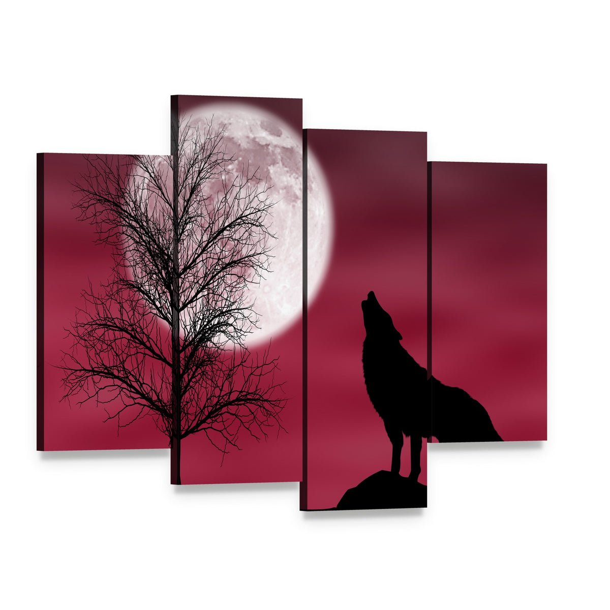 Howling Wolf at Full Moon Canvas Wall Art, 4 panel 4 Pop layout gallery wrapped canvas set, angled product view