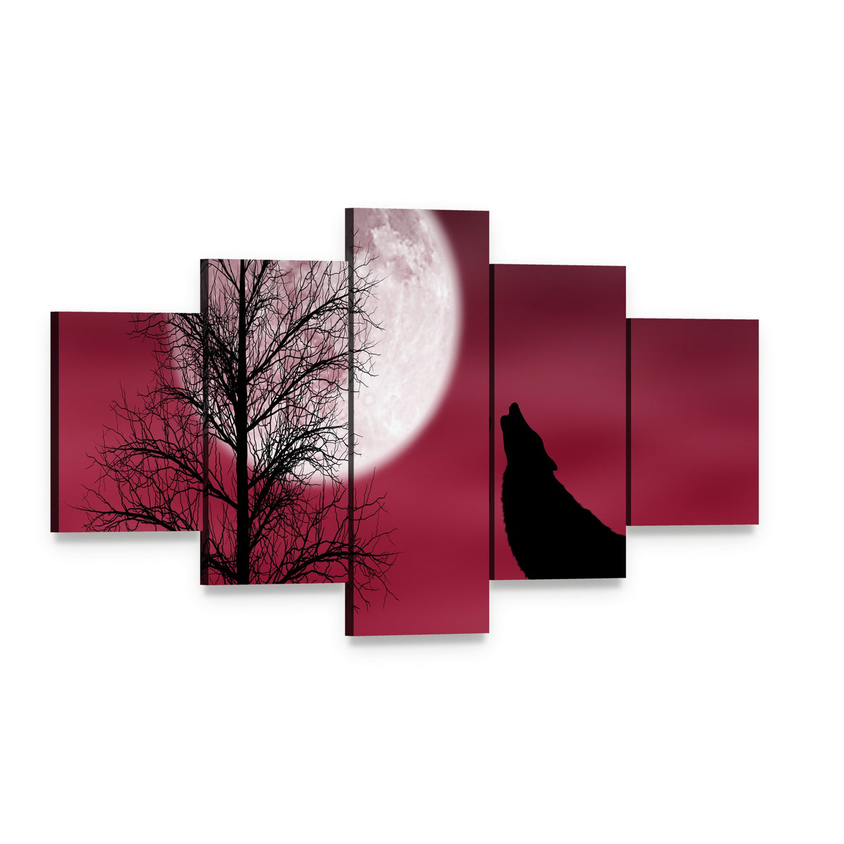 Howling Wolf at Full Moon Canvas Wall Art, 5 panel 5 Star layout gallery wrapped canvas set, angled product view