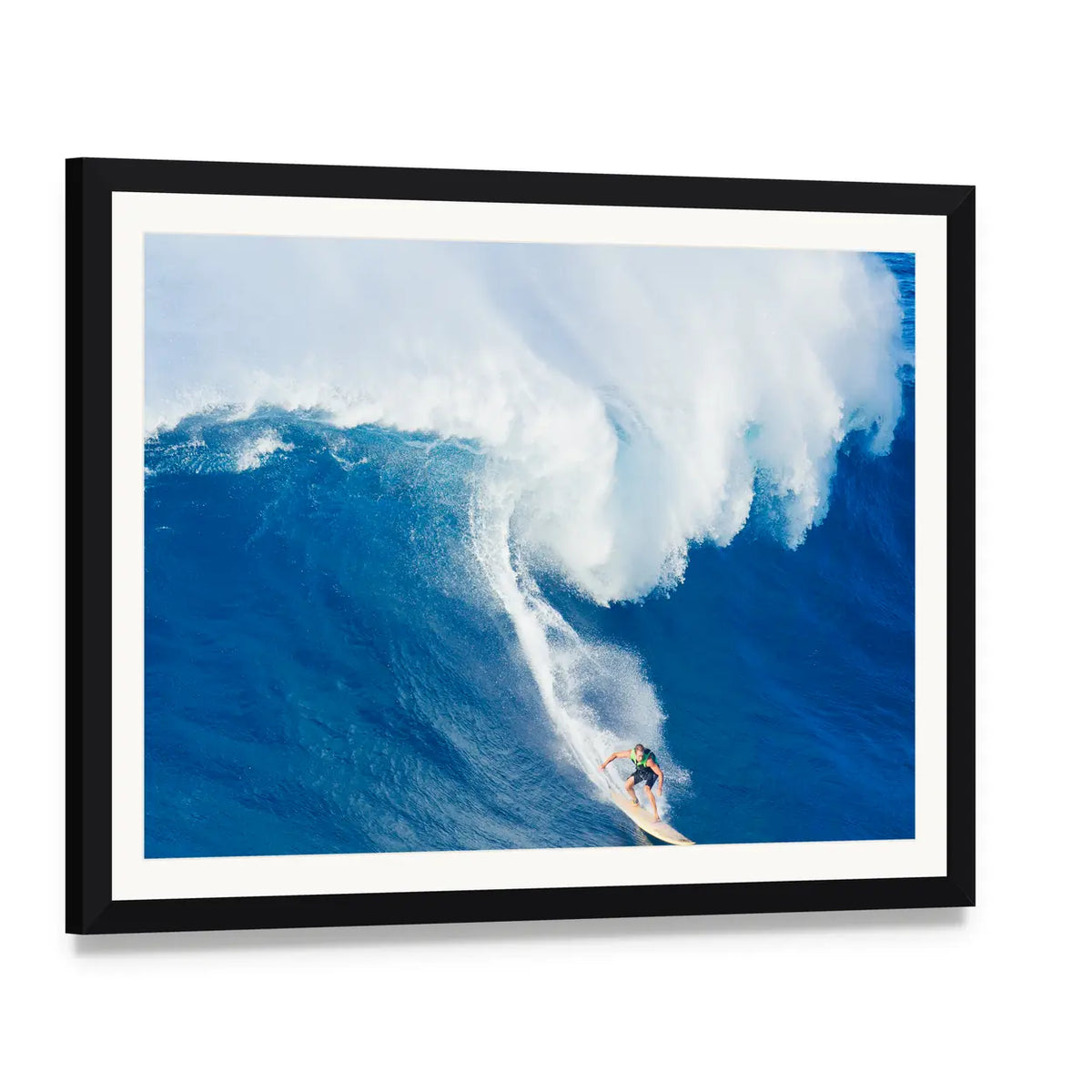Extreme Surfer Riding Canvas Wall Art, framed print with white mat and black frame, angled product view