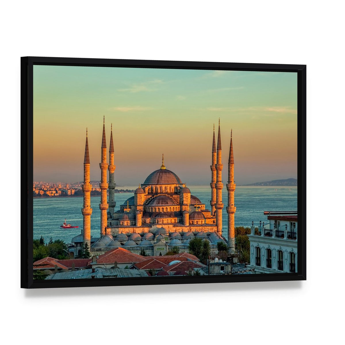 Blue Mosque at Sunset Canvas Wall Art, framed canvas in a black floater frame, angled product view