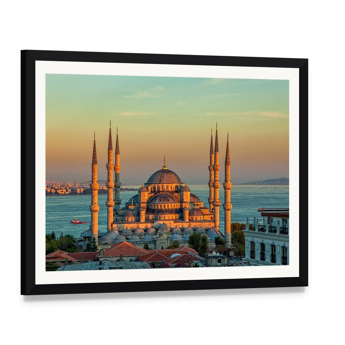 Blue Mosque at Sunset Canvas Wall Art, framed print with white mat and black frame, angled product view