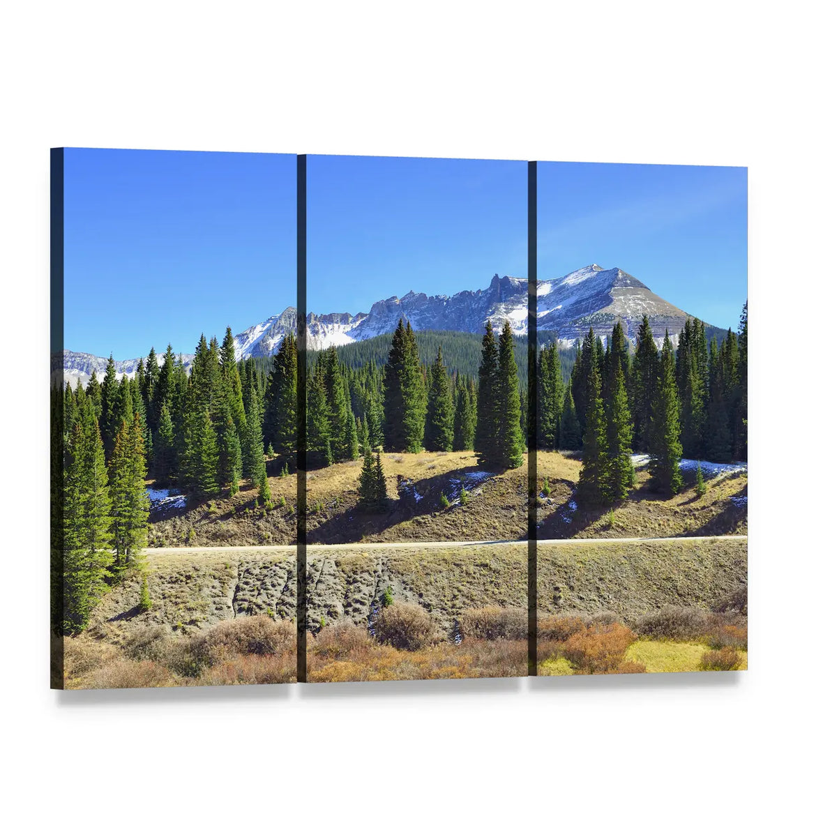 Colorado Mountains in Fall Canvas Wall Art, 3 panel 3 Horizontal layout gallery wrapped canvas set, angled product view