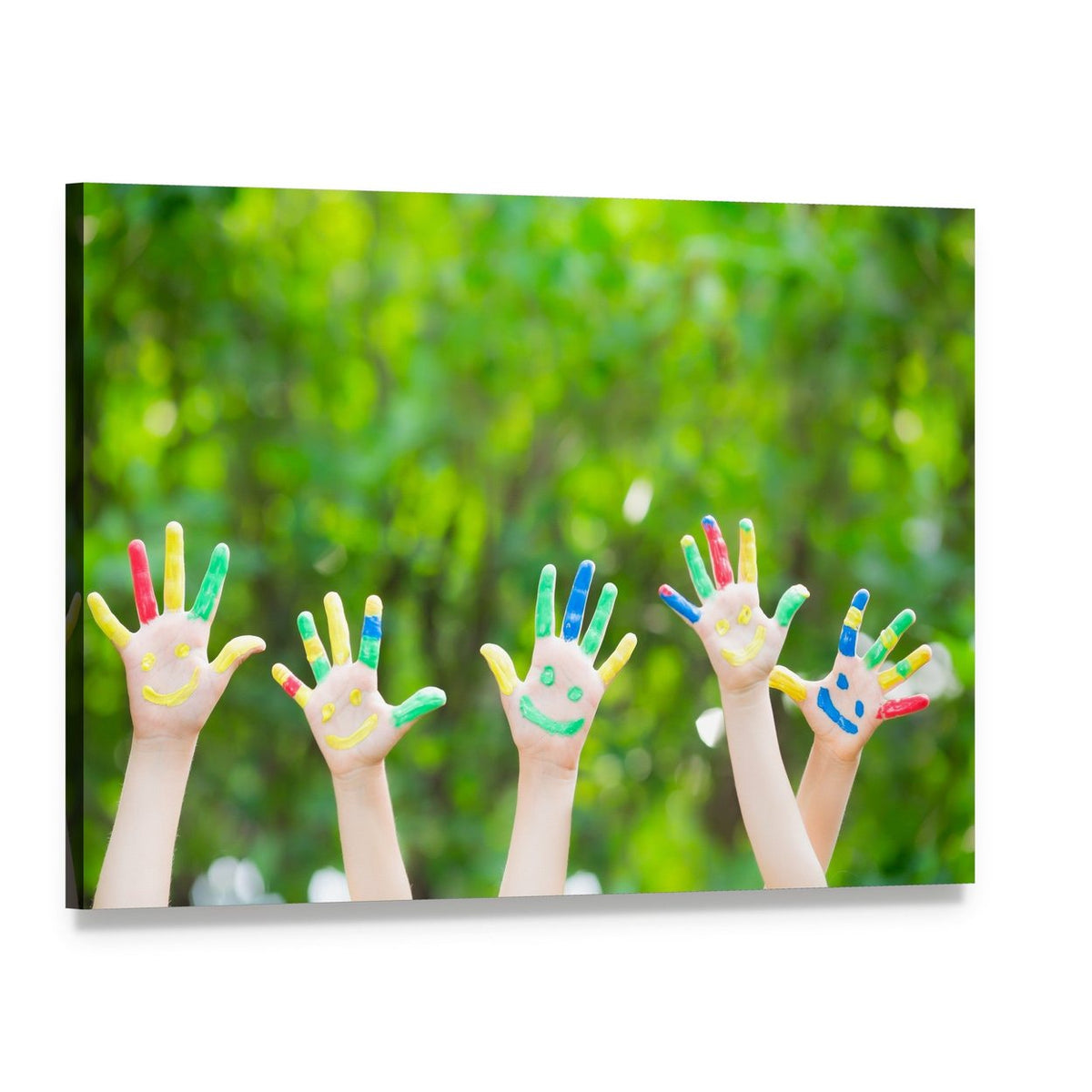 Smiley Painted Hands Canvas Wall Art, single panel gallery wrapped canvas, angled product view