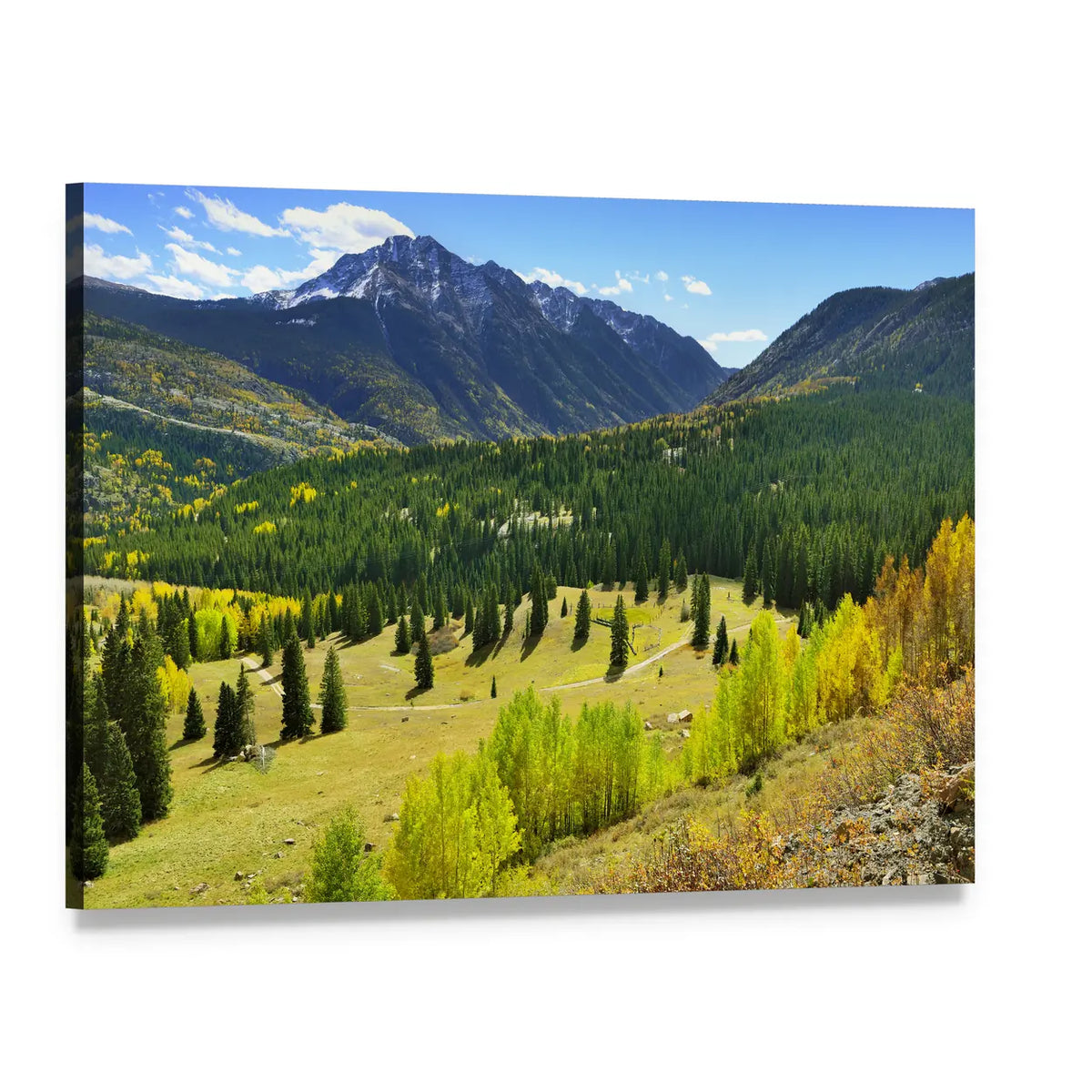 Snow-capped Mountain and Fall Forest Canvas Wall Art, single panel gallery wrapped canvas, angled product view