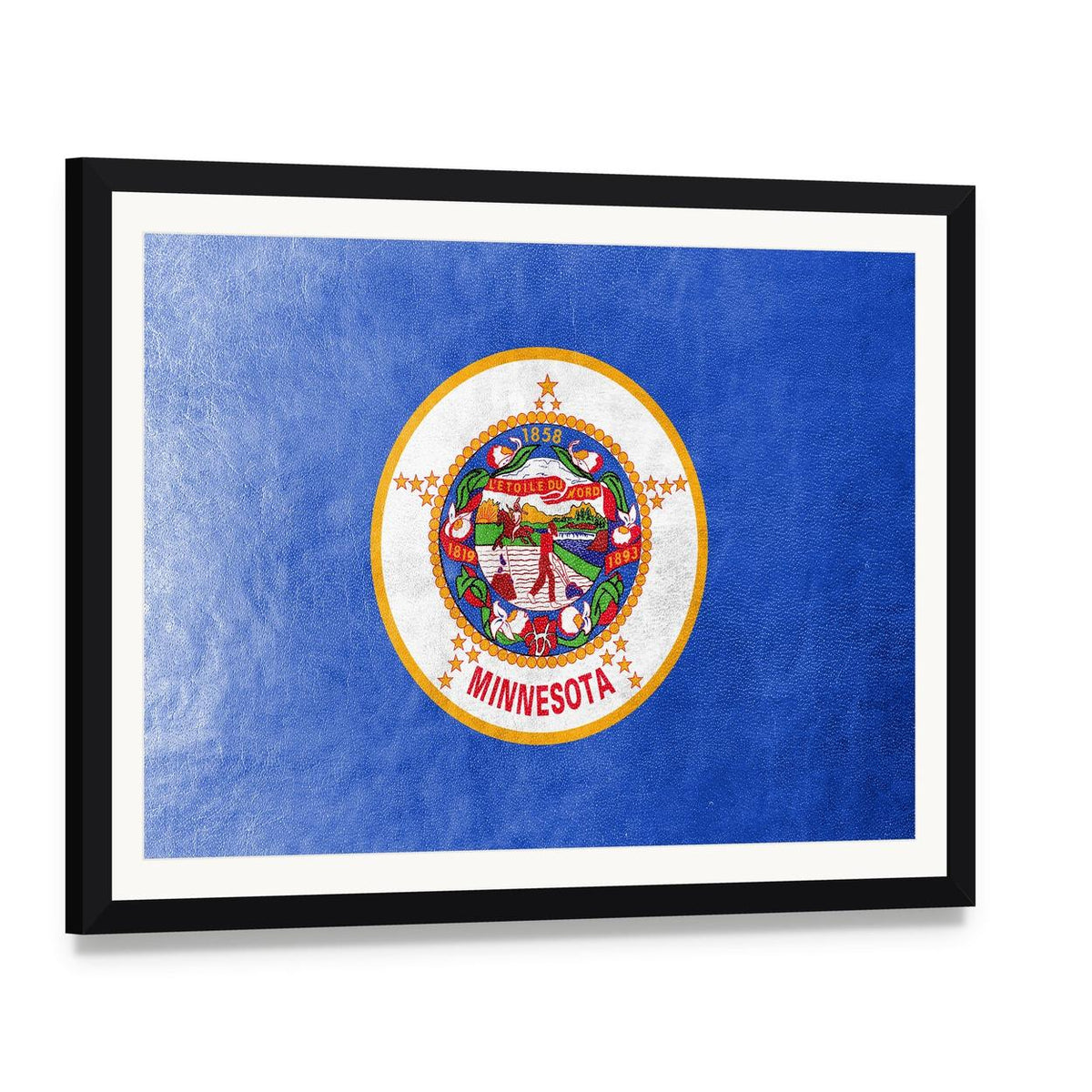 Vintage Minnesota State Flag Canvas Wall Art, framed print with white mat and black frame, angled product view