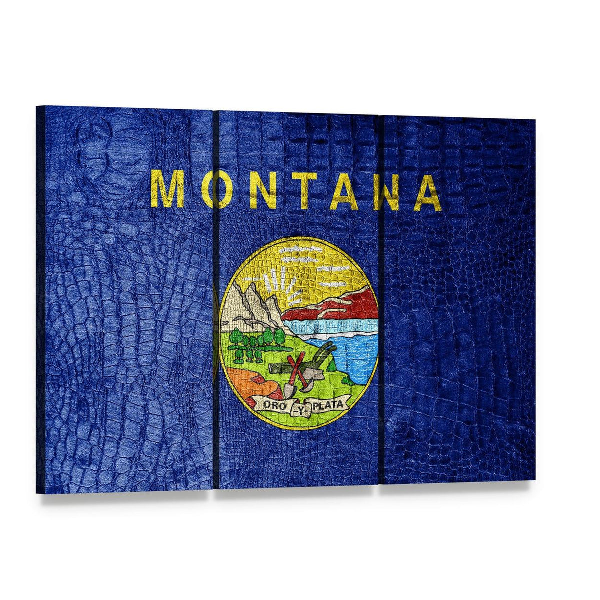 Vintage Montana Flag with State Seal Canvas Wall Art, 3 panel 3 Horizontal layout gallery wrapped canvas set, angled product view