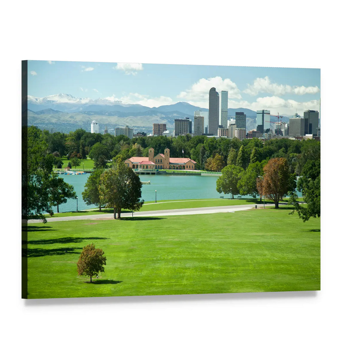 City Skyline Over Park and Snow-capped Mountains Canvas Wall Art, single panel gallery wrapped canvas, angled product view