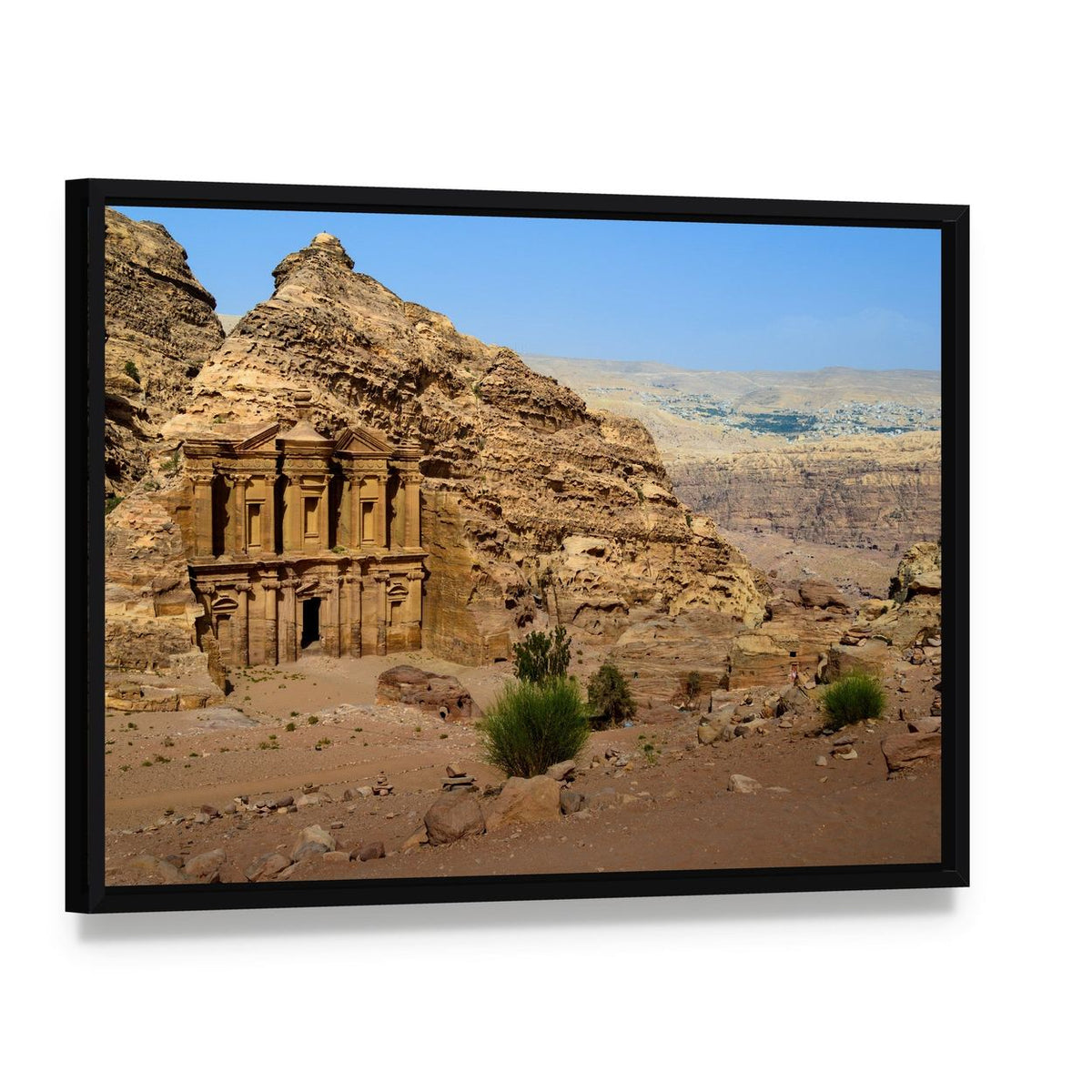 Monastery at Petra, Jordan Canvas Wall Art, framed canvas in a black floater frame, angled product view