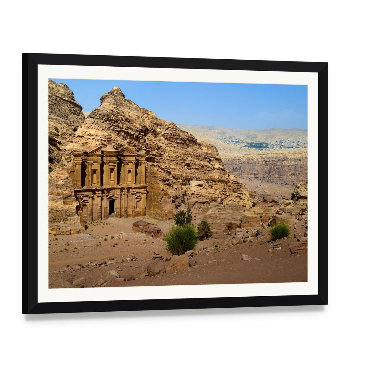 Monastery at Petra, Jordan Canvas Wall Art, framed print with white mat and black frame, angled product view