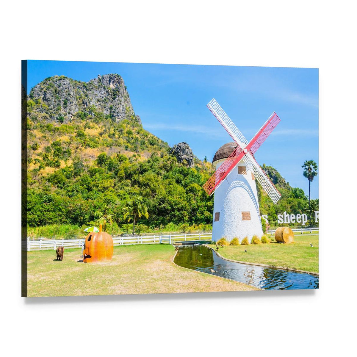 Close-up Windmill with Sheep and Pond Canvas Wall Art, single panel gallery wrapped canvas, angled product view
