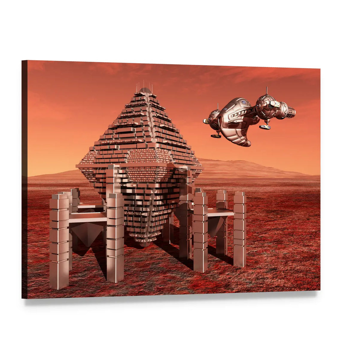 Mars Pyramid and Dual-pod Spaceship Canvas Wall Art, single panel gallery wrapped canvas, angled product view