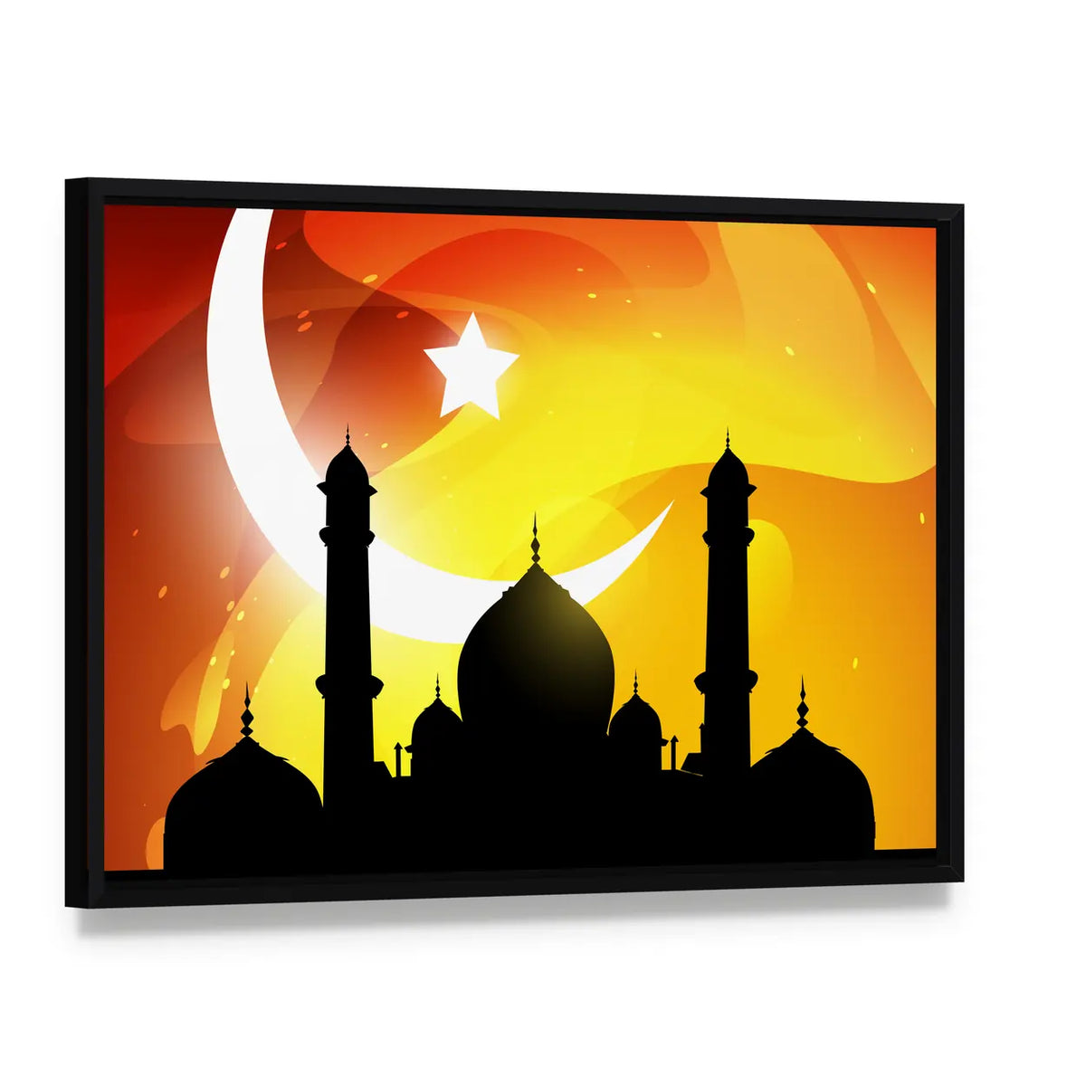 Glowing Ramadan Mosque Silhouette Canvas Wall Art, framed canvas in a black floater frame, angled product view
