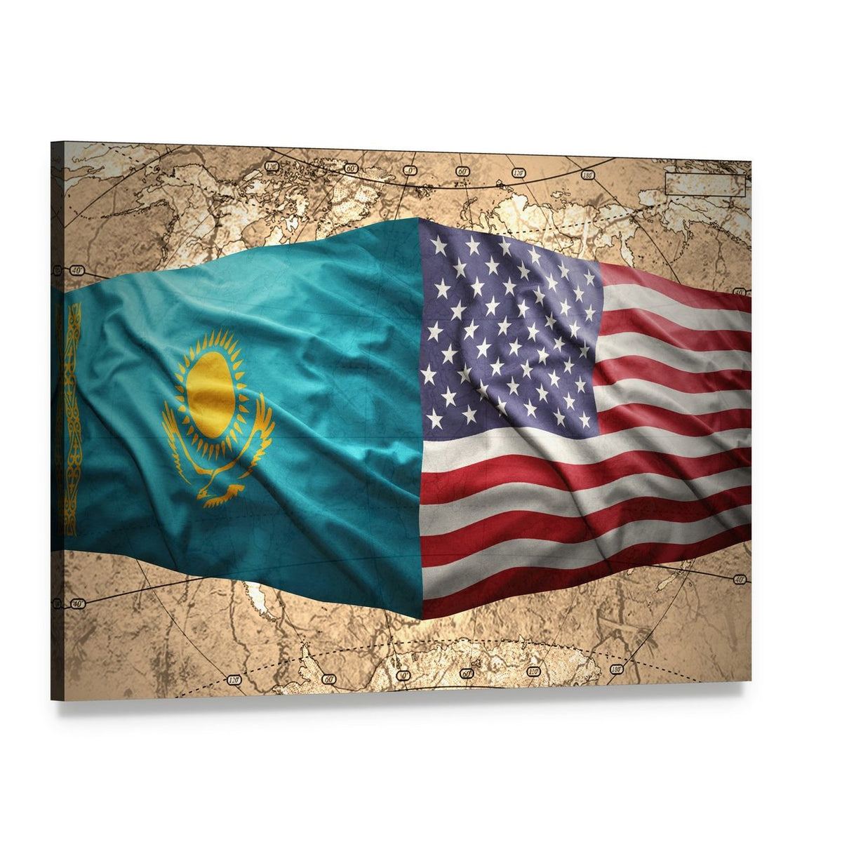 Kazakhstan and Usa Flags Over Vintage Map Canvas Wall Art, single panel gallery wrapped canvas, angled product view