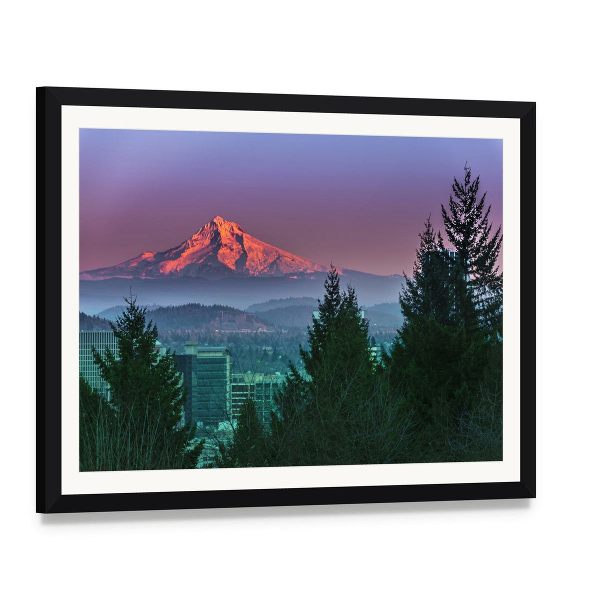 Mt Hood at Sunset Canvas Wall Art, framed print with white mat and black frame, angled product view
