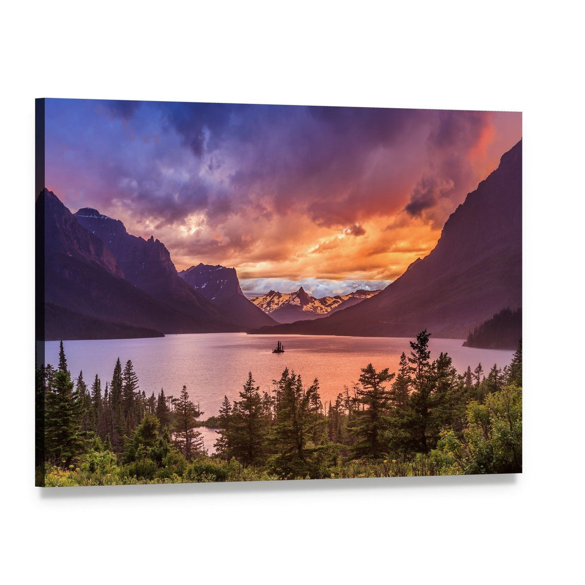 Sunset Over Mountain Lake with Boat Canvas Wall Art, single panel gallery wrapped canvas, angled product view