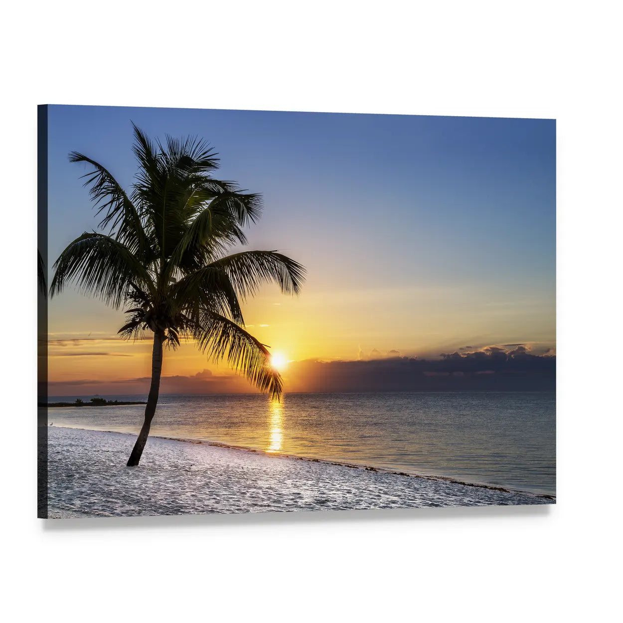 Golden Hour Beach Palm Silhouette Canvas Wall Art, single panel gallery wrapped canvas, angled product view